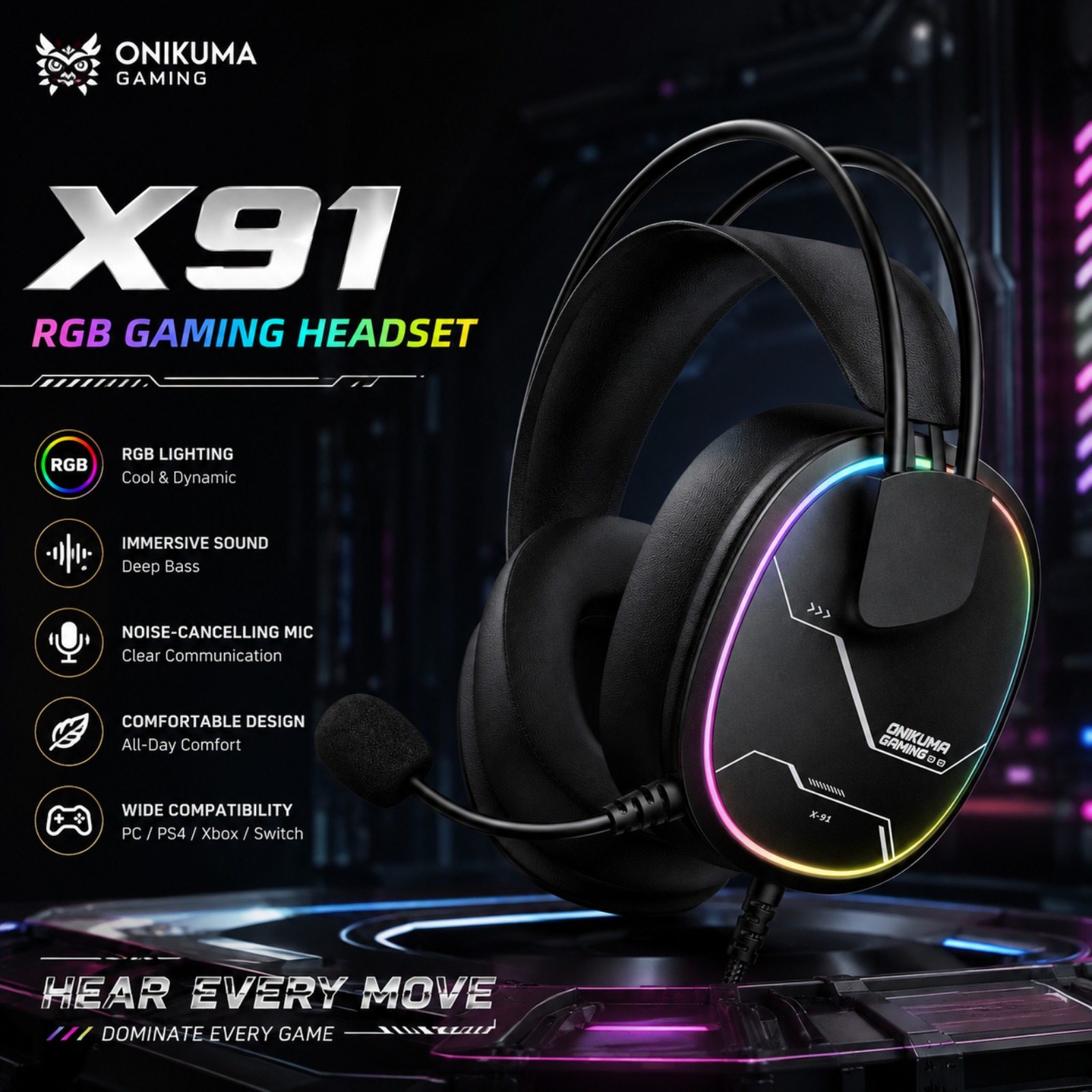 Gaming Headset With Mic Rgb - ONIKUMA X91 Kabelgebundenes Gaming-Headset RGB 50MM-Treiber
